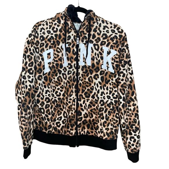 Victoria’s Secret PINK Leopard Print Faux Fur Full Zip Hoodie Women's Medium - Picture 2 of 9